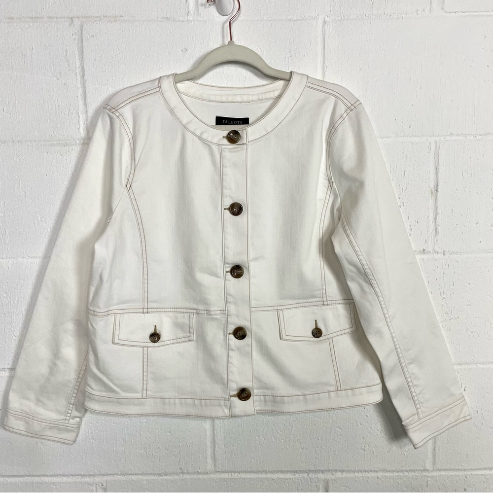 Talbots Collarless Jean Jacket Cream Boxy Preppy Minimal Clean Girl‎ Layer XLP